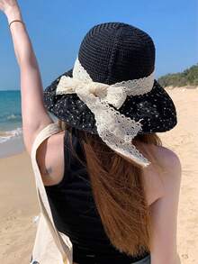 1pc Women's Summer Lace Bow Sun Hat, Breathable Wide Brim Sun Protection Bucket Hat, Outdoor Beach Travel - Sun Hat - View 3