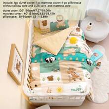 3pcs/Set Cartoon Bear & Dinosaur Printed Bedding Set, Tropical Rainforest Style, Suitable For Nursery, Kindergarten Nap Mat, Children's Bedroom, Includes 1 Duvet Cover (47*59in), 1 Pillow Sham (23*53in), 1 Pillowcase (11*19in) (Without Filler)