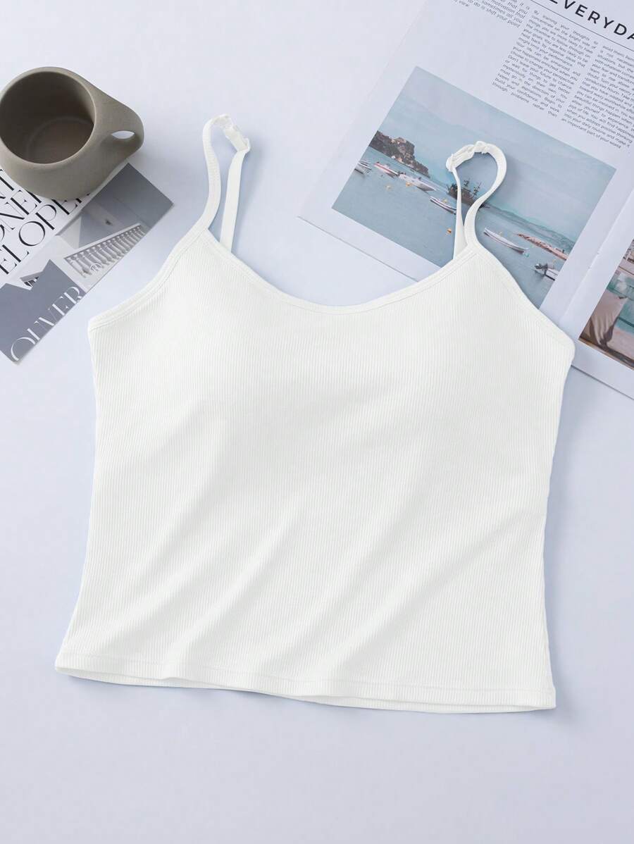 1pc Women Solid Color Ribbed Camisole With Chest Pads, Cropped Tank Top, Casual Undershirt, Workout