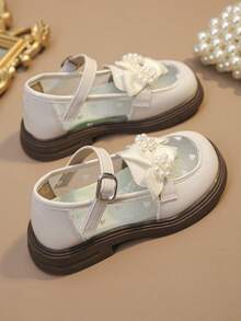 儿童学院风小皮鞋，可爱蝴蝶结和大花朵水晶装饰时尚表演鞋 - 米色 - 查看 4