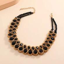 1pc Electroplated KC Gold Aluminum Chain With Classic Black Crystal Elegant Bib Necklace For Women, Suitable For Party, Holiday, Outfitting, Versatile Gift
