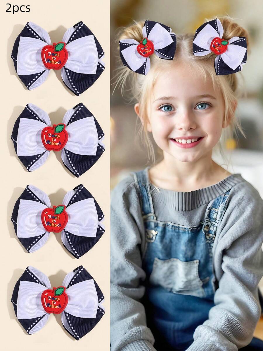 2 件装返校女孩蝴蝶结发夹，儿童布艺瓶盖苹果发夹，学生鳄鱼夹发饰派对礼物 - 蝴蝶結髮夾 - 查看 1