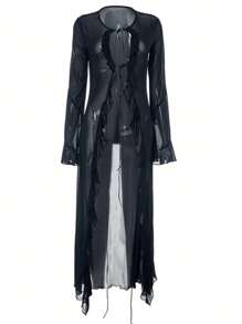 1pc Women's Sheer Tied Long Sleeve Ruffle Hem See-Through Fashion Top