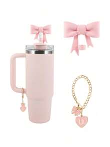 2pcs/Set: 1pc Silicone Bow Straw Topper & 1pc Letter Heart Bow Cup Tag, Fit For 40oz Cup, 10mm Straw Diameter, With Handle Glass Cup, Cute Pink Butterfly Decoration, Back To School Supplies