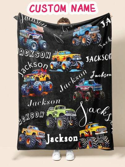 1pc Custom Personalized Color Name Throw Blanket, With Interest Black Truck Car Blanket For Girl Boy Great Holiday Gift For Daughter,Son,Classmates, Friends,Super Soft Warm Gorgeous Cozy, For All Seasons, Suitable For Indoor, Camping, Air-Conditioned Room, Sofa, Living Room,Bedroom,Home,Halloween, Ideal Gift For Children's Day, Christmas, Birthday