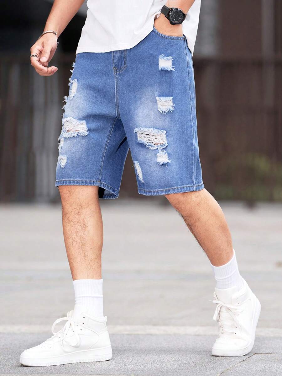 Teenage Boy Street-Style Ripped Light Blue Denim Casual Shorts - Blue - View 1