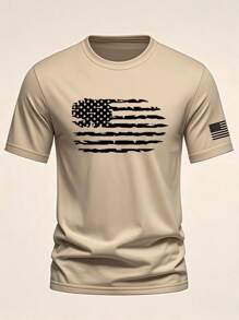 Men's Casual Round Neck Short Sleeve T-Shirt With US Flag Print, Summer - Apricot - View 3