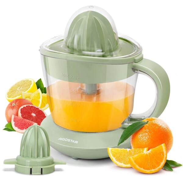 1 Stück Aigostar Orangenpresse Maschine mit Doppelrichtungs Entsaftung, modularem Design, einstellbarem Filter, 2 Entsaftungsköpfen, 700ml großem Behälter, 40W, für Orangen, Grapefruits, Zitronen