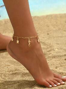 1pc Elegant Fashion Hair Pin Chain With Starfish, Seahorse, Seashell, Turtle Cute Ocean Life Pendant Anklet For Women, Suitable For Beach Resort Wear - Yellow Gold - View 1