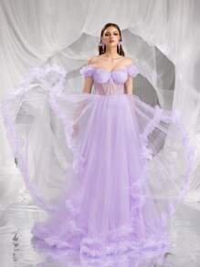 Sheer Princess Bardot Ruffle Formal Dress, Suitable For Ball, Party, Prom Dress - Mauve Purple - View 6