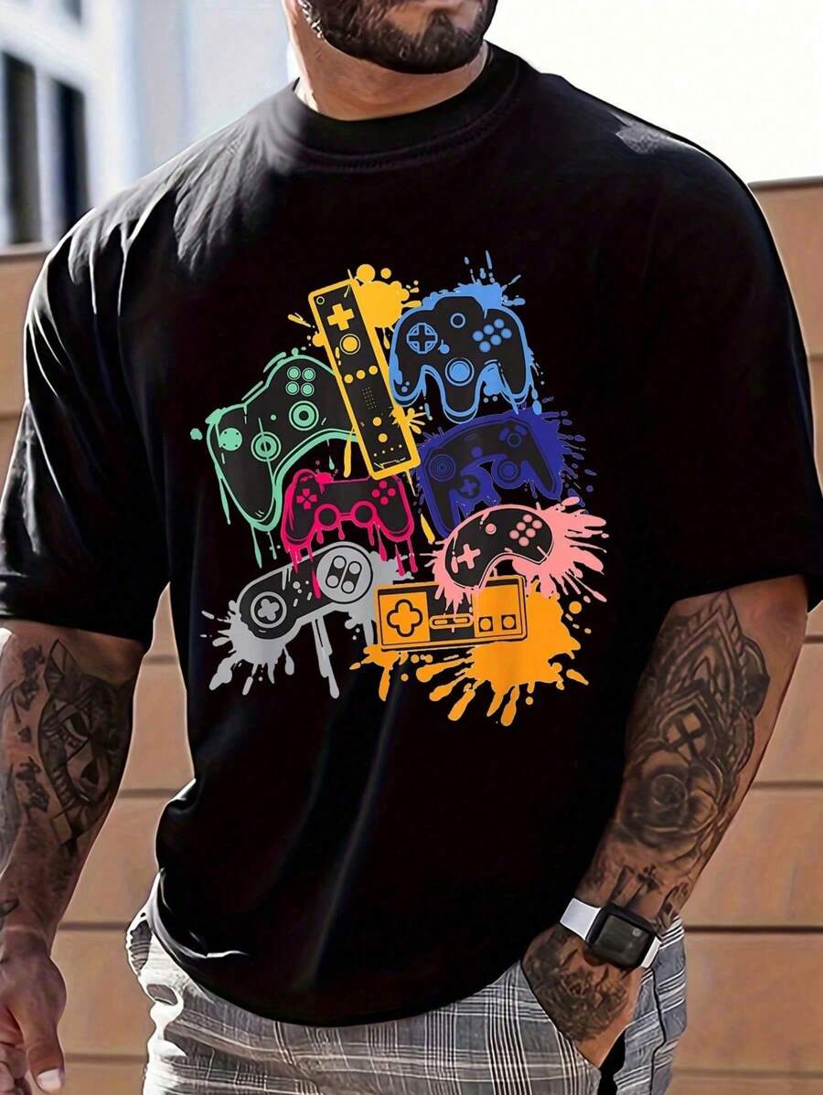 Plus Size Men's,Gamer Funny Game Lover Shirt ,(1 Pcs )100% Cotton Casual Printed T-Shirt,Crew Neck Short Sleeve,220g  Cotton T-Shirt,For Going Out,Gift,Summer,Unisex - 黑色 - 查看 1