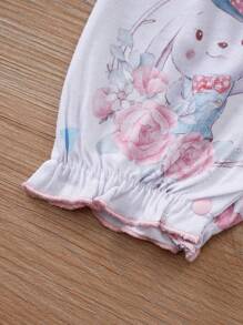 夏季甜美卡通松鼠和热气球全身印花婴儿女孩连体衣，带飘袖 - 白色 - 查看 7