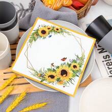 100/60/20pcs 13 * 13 Inch Disposable Party Floral Pattern Napkins With Yellow Border Butterfly Sunflower Pattern, Used For Birthday Parties, Family Gatherings, Wedding Banquets, Hotel And Restaurant Decoration Paper