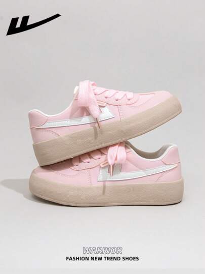  1 Pair WARRIOR Women's Lace-Up Design Sneakers, Low-Top Casual Shoes, Outdoor Flat Shoes, Summer Breathable Skateboard Shoes, Fashion & Comfortable Canvas Sneakers, Thick-Soled Canvas Sports Shoes, Street Style Athletic Shoes, Low-Top Soft-Sole Sneakers