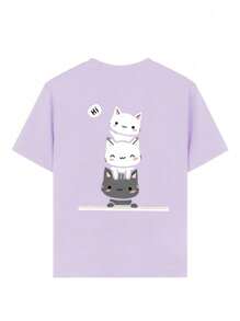 Tween Girls' Casual Cat Print Crew Neck Short Sleeve T-Shirt, Summer Top - Purple - View 3