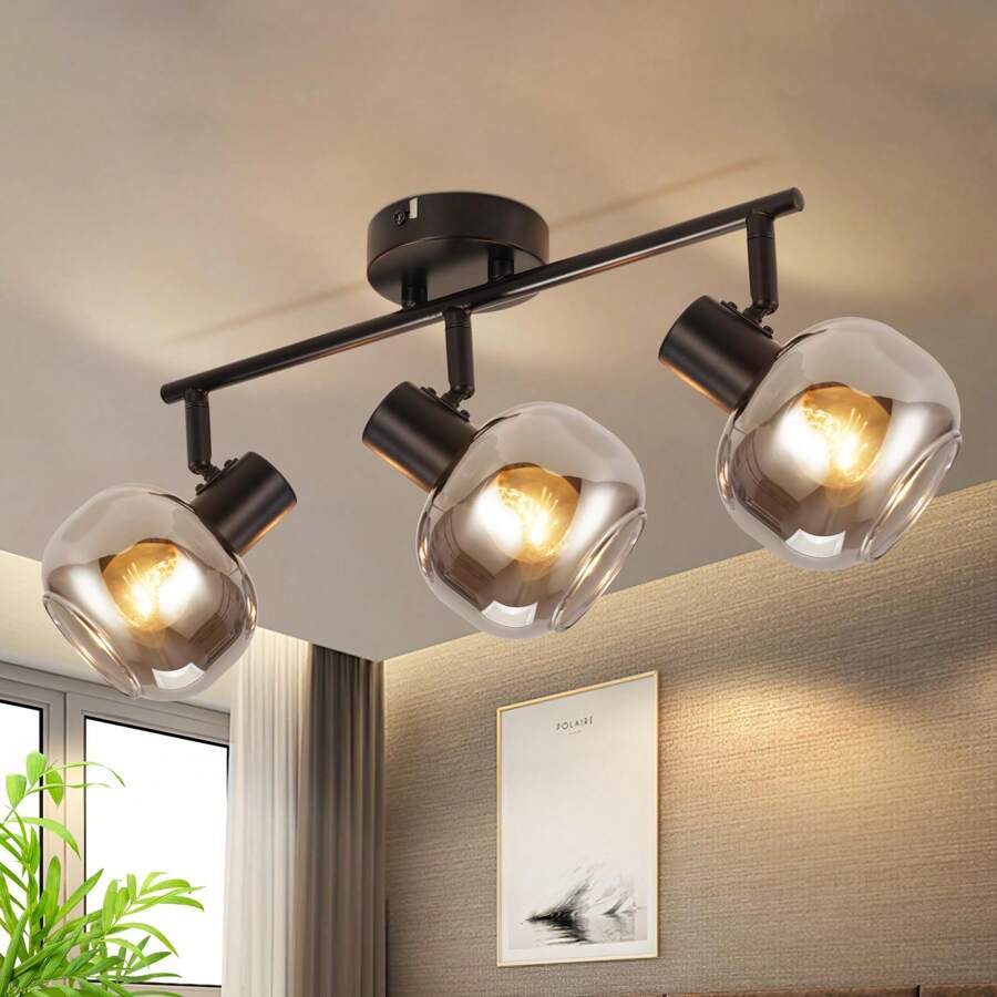 Lámpara de araña de 1/2/3/4 llamas, lámpara de araña negra moderna giratoria 350°, lámpara de araña de vidrio gris ahumado E14 para dormitorio, pasillo, cocina y sala de estar (foco no incluido)