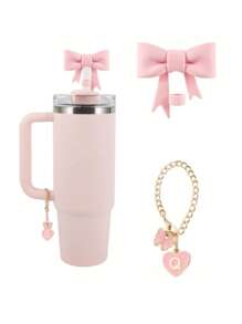 2pcs/Set: 1pc Silicone Bow Straw Topper & 1pc Letter Heart Bow Cup Tag, Fit For 40oz Cup, 10mm Straw Diameter, With Handle Glass Cup, Cute Pink Butterfly Decoration, Back To School Supplies