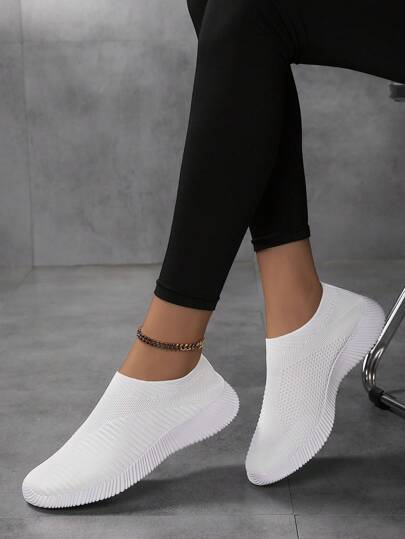 Women's White Breathable Knit Casual Flat Slip-On Shoes, Lightweight & Comfortable For Everyday Wear