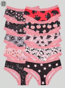 Morvia 10 stuks Sexy Roze Contrasterende Kanten Versieringen Gothic Chic Low-Rise Bikini's, Allover Bugs & Spiders & Skull & Bats & Pumpkins Print, Comfortabele Hipster Slipjes Voor Vrouwen - Halloween Lingerie & Ondergoed