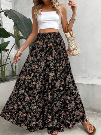 1pc Casual Elegant Sexy Ditsy Floral Bohemian Style Pleated Skirt, Woven Fabric, Suitable For Party, Beach, Evening Date, Homewear, Garden, Summer