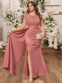 亮片花卉蕾丝撞色荷叶边开衩高开衩缎面正式晚礼服，新年礼服，优雅舞会礼服，婚礼宾客礼服，适合生日、毕业典礼、晚宴、返校节等场合 - 藕粉色 - 查看 8