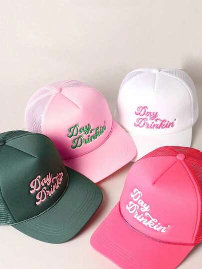 1 pieza Gorra de malla de esponja con cordón y bordado "Deja que comience la diversión" para mujer, sombrero casual ajustable con protección solar, adecuado para el Día de San Valentín, viajes de primavera/otoño, versátil sombrilla, estilo Y2K unisex