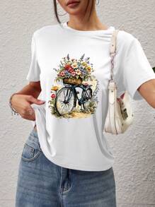1 Stück Damen Kurzarm T-Shirt mit rundem Ausschnitt, Weiß, mit 3D Muster von Blumen und Fahrrad Motiv - Lässig Polyester Strickshirt mit regulärer Passform und geraden Ärmeln - für den Alltag - perfekt für Frühling & Sommer - ideales Geschenk für Frauen