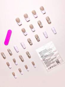 24Pcs/Set Medium Length French Manicure 3D Floral Decor Embossed Faux Nails With Pearl, Includes 1Pc Jelly Gel And 1Pc Nail File - Elegant & Chic, Perfect For Ladies/Girls Party, Date, Daily Wear Press On Nails Nail Supplies Nails - Multicolor - View 3