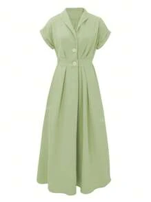 Women's Spring And Summer Thin Button Raglan Sleeve Waist A-Line Large Swing Collar Casual Vacation Elegant Solid Color Sundress Women's Long Dress
