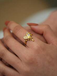 Fashionable Unique Design Minimalist Style Pearl Rhinestone Heart Stainless Steel Open Ring - Gold 1 - View 1