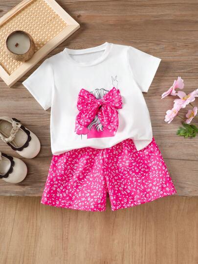 Summer Short-Sleeved T-Shirt And Shorts Set For Girls. It Is Printed With Cartoon Girl Patterns And Decorated With Three-Dimensional Bows. With A Casual Style, It Is Suitable For Girls Aged 4 To 7. Made Of Soft Fabric, It Is Skin-Friendly And Comfortable. It Is A Set Of Short-Sleeved T-Shirt And Shorts For Girls.