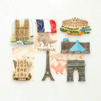 Zestaw 1/7 magnesów na lodówkę, francuskie magnesy na lodówkę z zabytkami – Luwr, Łuk Triumfalny, Wieża Eiffla, Katedra, Pałac w Wersalu, pamiątki z podróży, dekoracje lodówki, dekoracje kuchenne, prezent świąteczny, prezent francuski