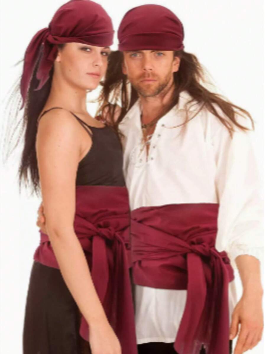 1 件万圣节海盗头巾变装三件套男女头巾腰带围巾帽子复古角色扮演狂欢派对鬼魂装扮套装 - 酒紅色 - 查看 1