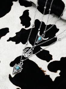 Conjunto de 3 peças turquesa estilo cowgirl ocidental vintage cabeça de touro ferradura cacto colar de corrente minimalista (colar cortado por comprimento, não por número de contas)