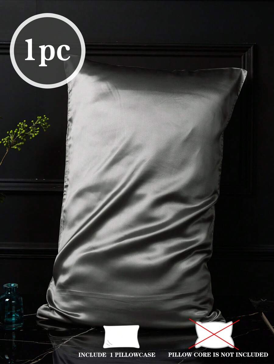 1件 深灰色 纯色缎面枕套 夏季 凉爽 亲肤 舒适 枕套 床上用品 男女生 中学生 宿舍装 不含枕芯 单人床 全尺寸大号双人床
