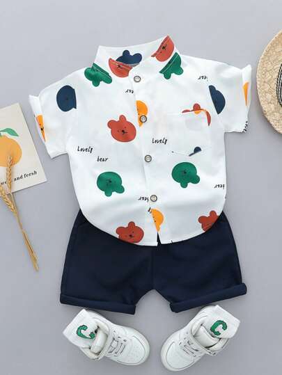 Conjunto de camisa e shorts estampados com letras de verão para bebês meninos, cabeça de urso, desenho animado