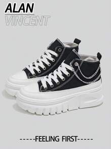 【快速发货】女士黑色帆布鞋，银色链条装饰，新款优雅风格，厚底增高，女士高帮系带鞋，适合搭配各种裤装和服装。【建议选择大一码】 - 黑色 - 查看 5