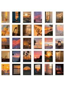 60pcs Sunset Retro Decorative Stickers, Elegant Sunset Ambiance Stickers For Planner, Notebook, Fridge, Waterproof Stickers, Sunset Decor Cards, Wall, Bedroom, Postcards, Photo Frames, High-Quality Sunset Stickers Room Decor Home Decor Wall Stickers Wall Decor