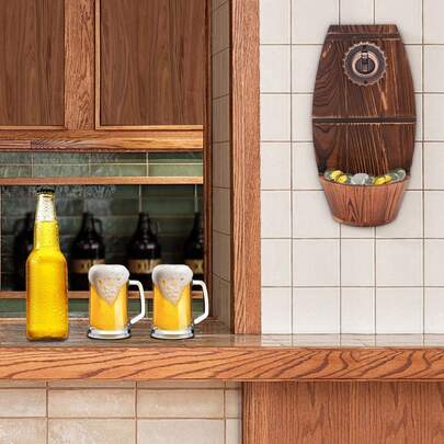 OUKANING Flaschenöffner Bieröffner Flaschenöffner Wand mit Starke Klebstoffe, Flaschenöffner mit Auffangbehälter,für Korken und Kappen, Braun