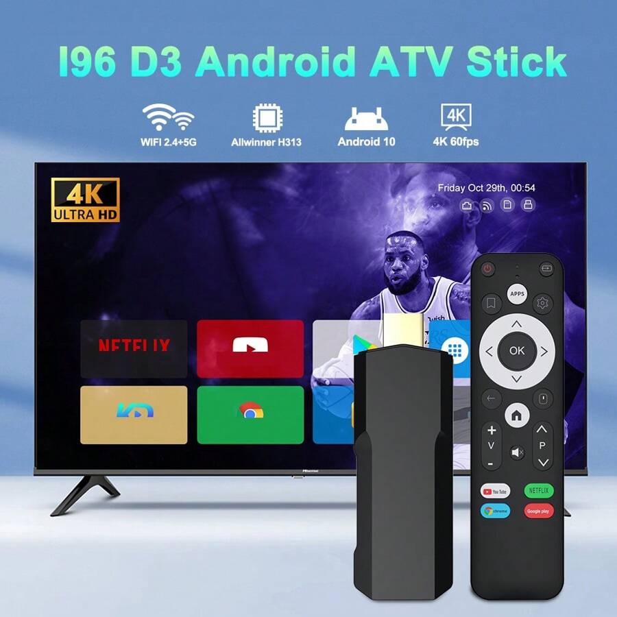 1 pieza, I96 D3 TV Stick, Ultra 4K UHD ATV, con [1GB RAM+8GB ROM], WiFi dual incorporado, Alimentado por Android ATV, Conecta a Smart TV, para Android TV Stick, Dispositivo de transmisión en 4K HD para TV y Proyector, Allwinner H313