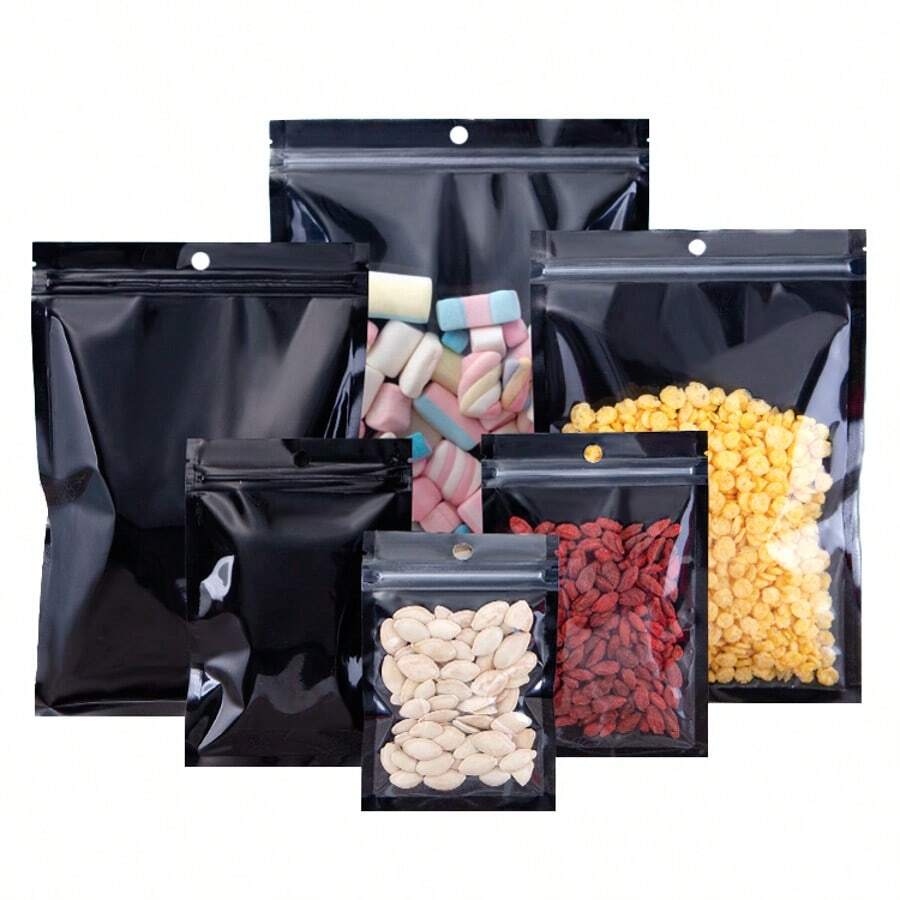 50 túi zip trong suốt màu đen có lỗ treo và đường xé, thích hợp sử dụng trong gia đình để đựng thực phẩm, trái cây khô, kẹo, đồ ăn nhẹ, cà phê, cũng như sử dụng trong thương mại cho các dịp lễ hội, sinh nhật, đám cưới, tiệc Valentine, quà tặng.