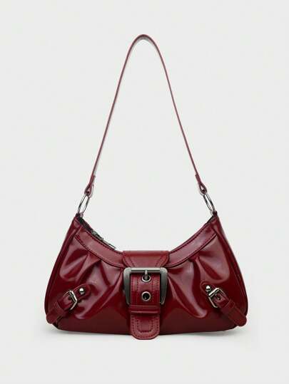 1pc Vintage Milady Distressed Soft Leather Motorcycle Bag For Women, With Rivets, Snap Buttons, Pleats, Cloud Shape, Suitable For Shoulder, Crossbody Or Handheld, For Work, Commute, Date, Party, Etc., Crescent Shape, Fashionable Burgundy Color, Inspired By Red Bag , Burgundy Bag
