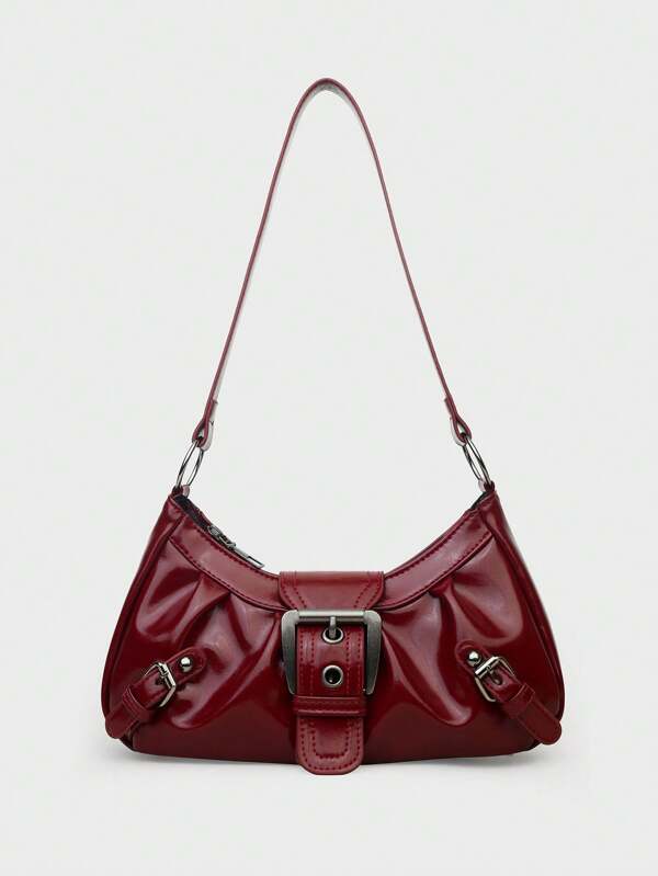 1pc Women's Vintage Milady Distressed Soft Leather Motorcycle Bag With Rivets, Needle Buckle, Pleats, Cloud Shaped, Shoulder Crossbody And Clutch Bag For Work, Commuting, Dating, Parties, Crescent Moon Bag For Women, Fashionable Burgundy Bag, Inspired Bag For Women