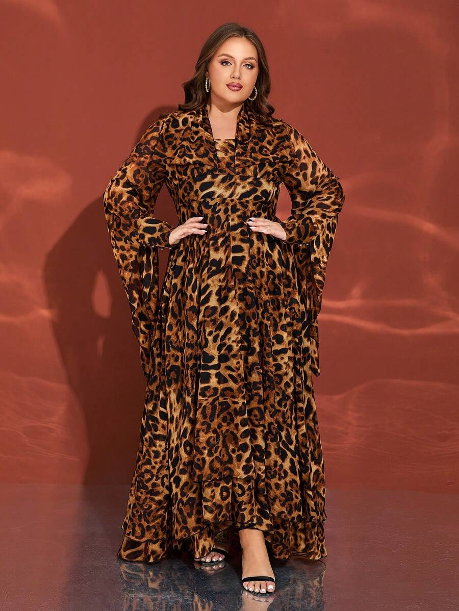 Plus Size Leopard Print Long Sleeve V-Neck Maxi Evening Dress,Modest - Brown - View 1