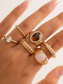 6pcs/Set Minimalist French Style Metal Vintage Rings Set, Personalized Design, Suitable For Parties, Gifts, Daily Wear (Please Do Not Wear While Bathing, Size Chart Included, Do Not Forcefully Bend, Purchase Carefully) (Slight Difference Between Picture And Actual Product, Actual Product Prevails) - Gold - View 5