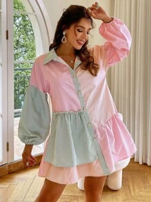 Simplee Women's Summer New Arrivals Color Block Stripe Front Button Lantern Sleeve Short Dress, Vacation Dress, Fashion & Casual