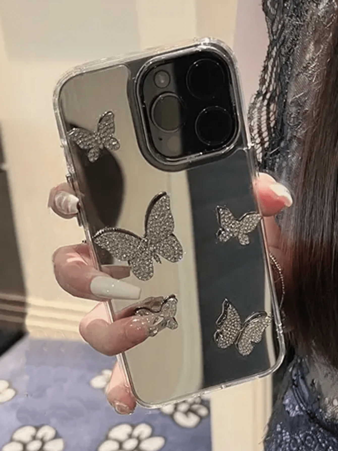 奢华水晶樱桃镜面保护壳，兼容 17 Pro Max、17 Pro、17 Air、17、16、15、14、13、12、11 Pro Max，镜头保护防震后盖 - 蝴蝶 - 查看 1