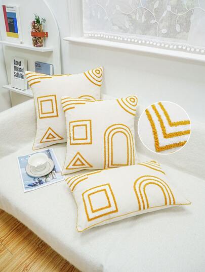 1pc Canvas Geometric Patterns Embroidery Cushion Pillow Case, Multi-Size Multi-Room Decoration Universal, Machine Washable, Closed Zipper, No Pillow Core Pillows Bedding Bed Home Decor Bedroom Decor Cushion Covers Cushion Cover Cushions