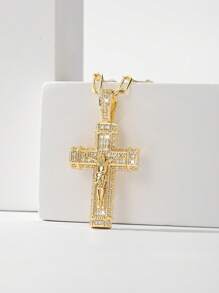 1件时尚简约2025新款低过敏性铜镶嵌锆石十字架耶稣吊坠项链，适合作为母亲节/情人节礼物送给情侣/朋友/信徒，天主教初领圣体礼物，日常及节日佩戴祈祷。 - 金黃色 - 查看 7