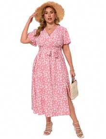 GoyRrbay Womens Plus Size Summer Dresses Short Sleeve Wrap V Neck Floral Formal Maxi Wedding Guest Long Dress With Belt - Hồng - Xem 1